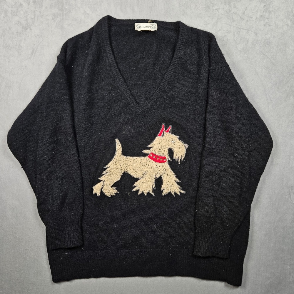 Vintage Gap Sweater Womens Lare Black Lambswool Angora Scottie Dog V-Neck 80s